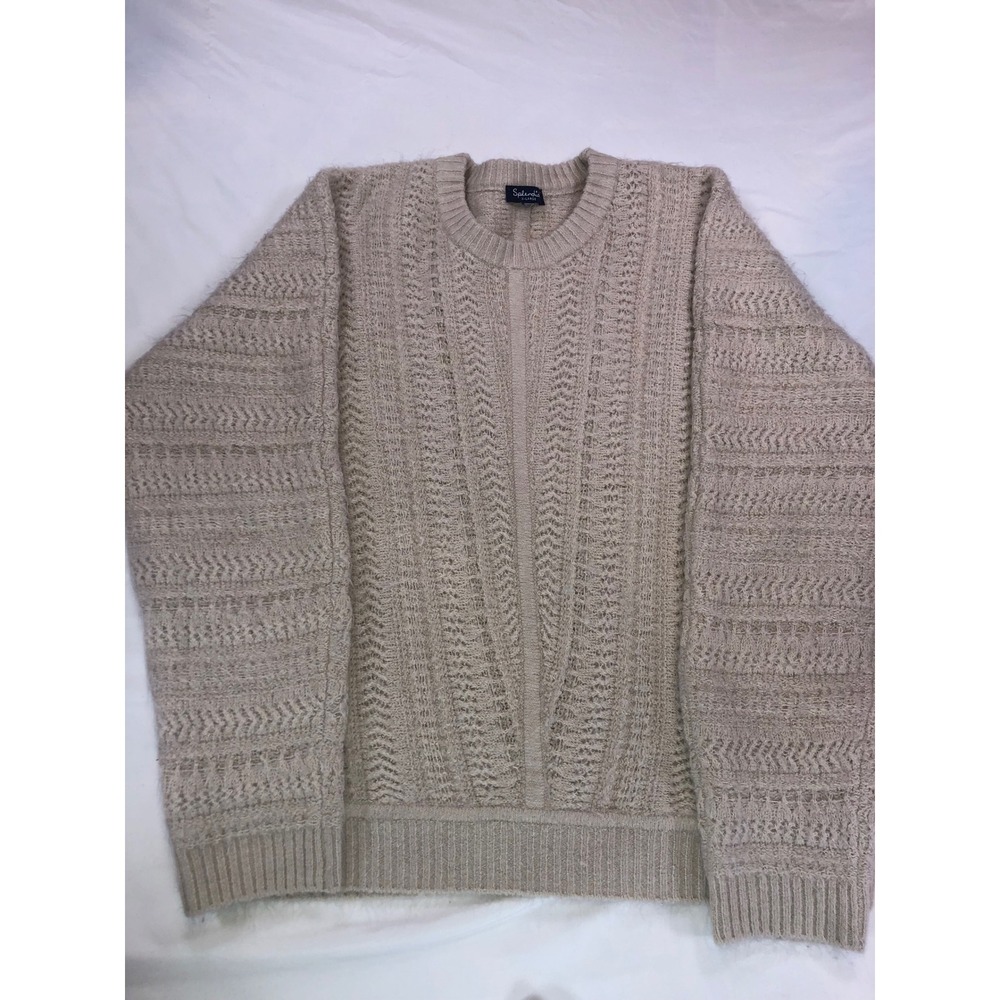Splendid Mens XL Beige Cable Knit Crewneck Sweater Textured Pointelle Pullover